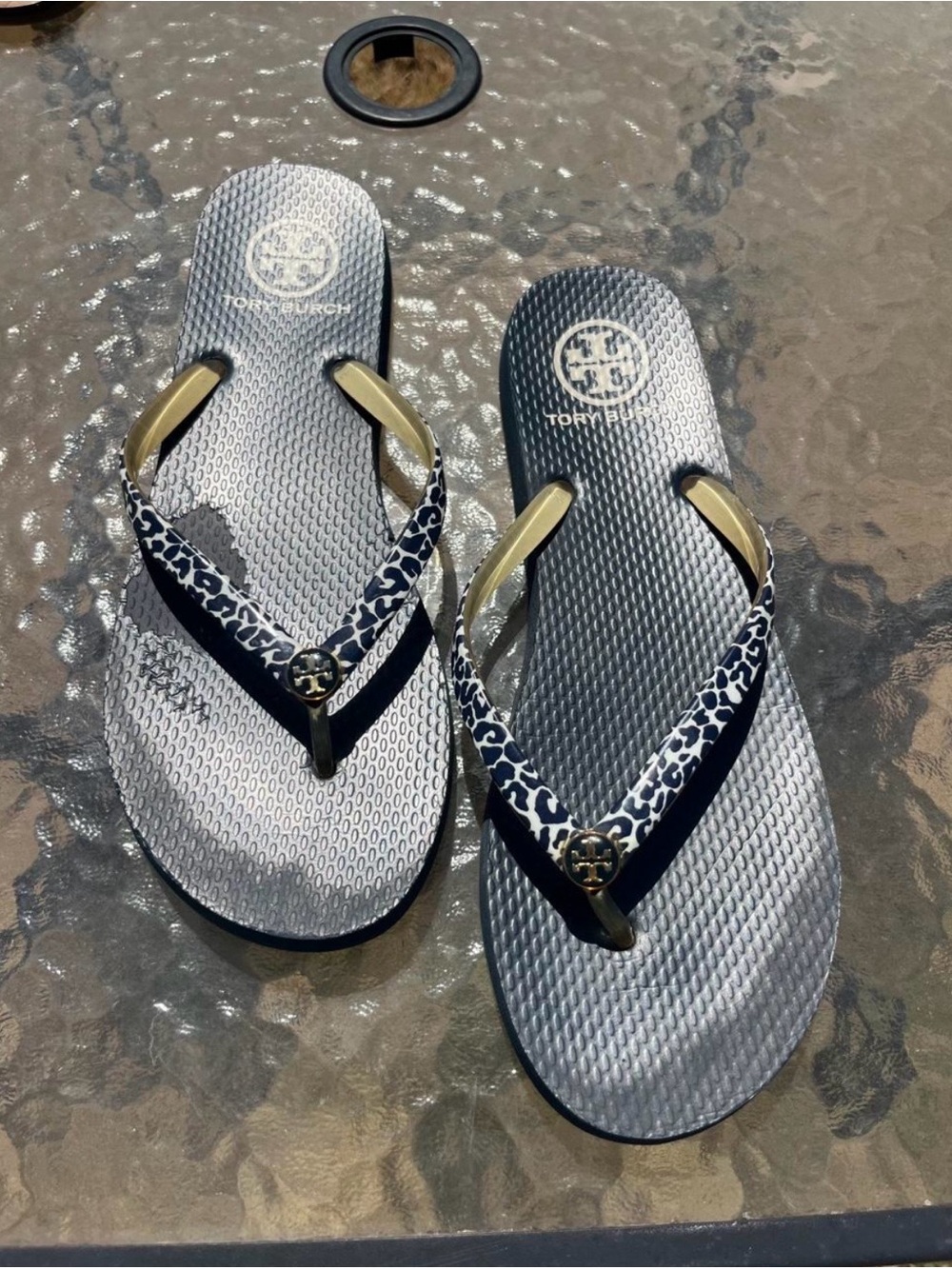 Tory Burch Navy and Gold Leopard-Print Flip Flops